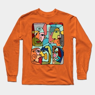 Cubist Picasso Style Faces In Mid Century Modern Colors Long Sleeve T-Shirt